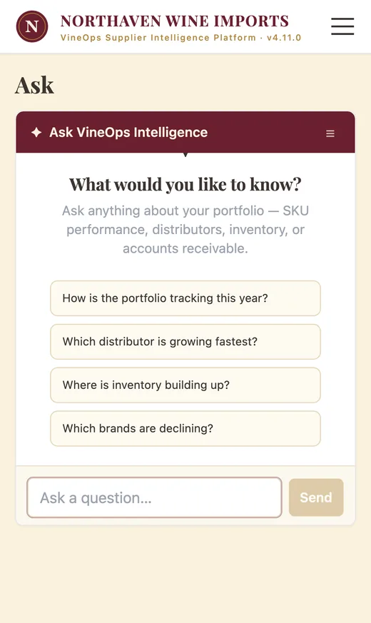 VineOps Ask answering a plain-English question about portfolio performance, with figures drawn from the supplier's own distributor data, shown on an iPhone